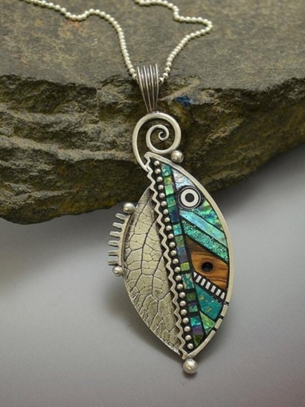Boho festival silver tone and multicolored fish / leaf design pendant
